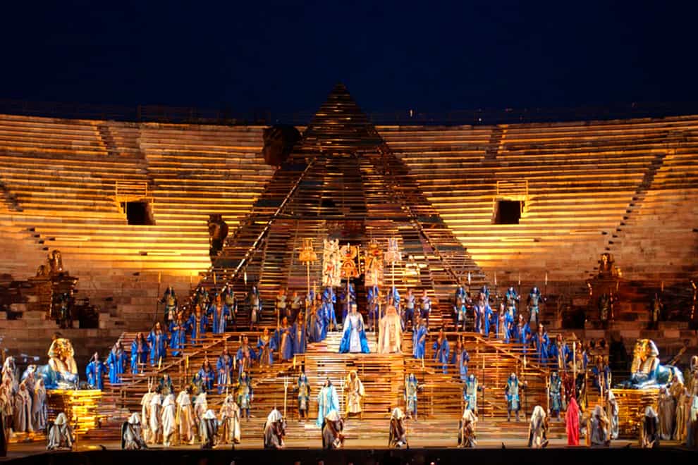 A huge pyramid dominates the stage of the opening performance of Giuseppe Verdi’s Aida in the Verona Arena, northern Italy in 2002 (Claudio Martinelli/AP)