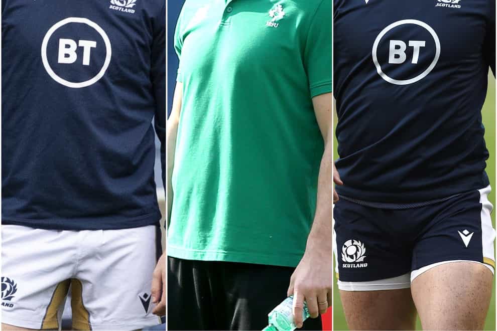 Andy Farrell, centre, hopes Ireland can contain Scotland stars Finn Russell, left, and Stuart Hogg, right