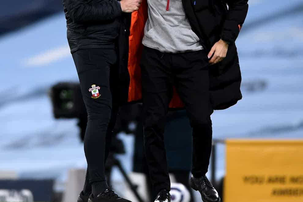 Southampton manager Ralph Hasenhuttl (left) speaks to Manchester City manager Pep Guardiola