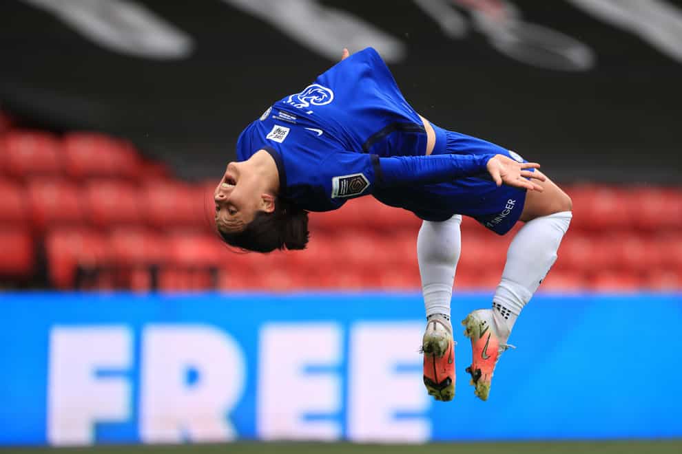 Sam Kerr celebrates with a backflip after scoring her second goal in Chelsea’s 6-0 Continental Cup final win over Bristol City
