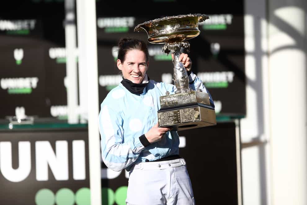 Rachael Blackmore with the Champion Hurdle trophy