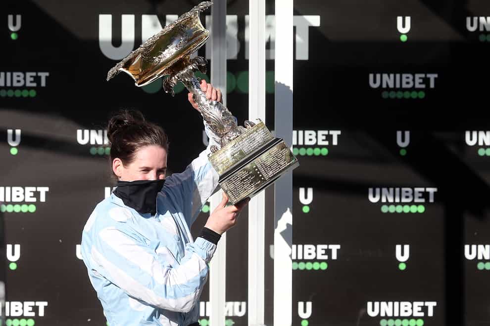 Rachael Blackmore celebrates after winning the Unibet Champion Hurdle on Honeysuckle