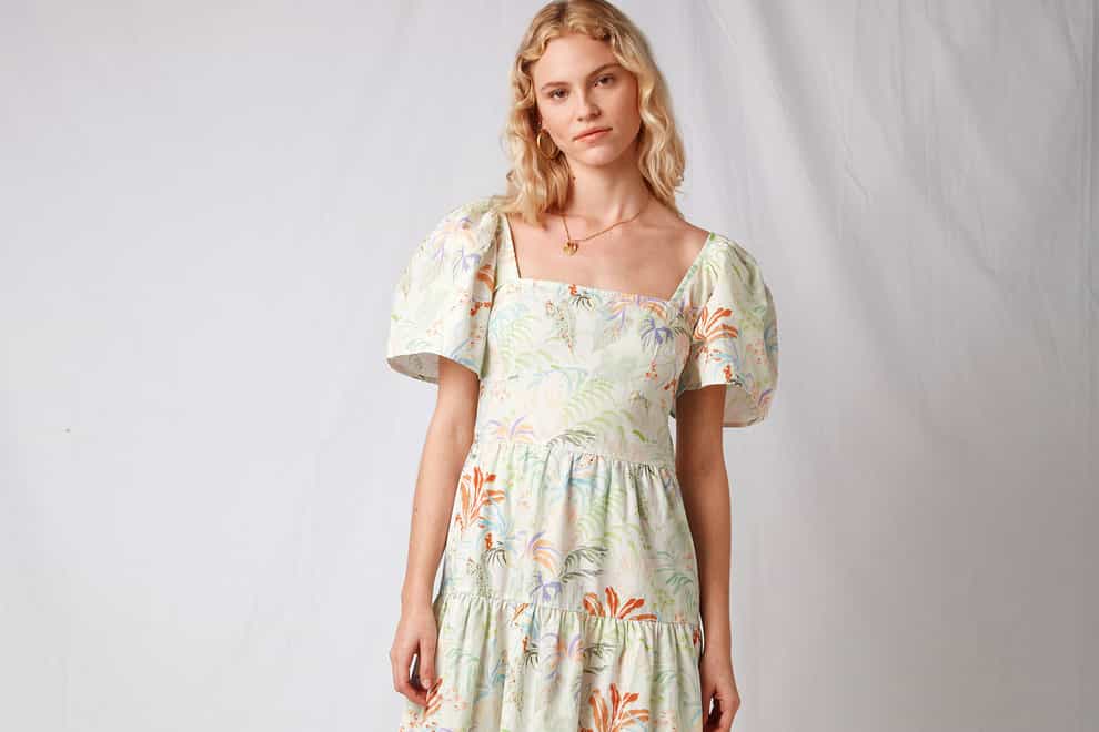 Omnes Daphne Tiered Midi Dress in Rainforest Print
