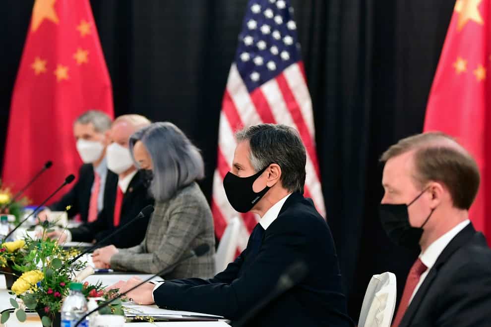 Secretary of State Antony Blinken, second from right, joined by national security adviser Jake Sullivan, right, at the opening session of US-China talks in Anchorage, Alaska (Frederic J Brown/Pool via AP)