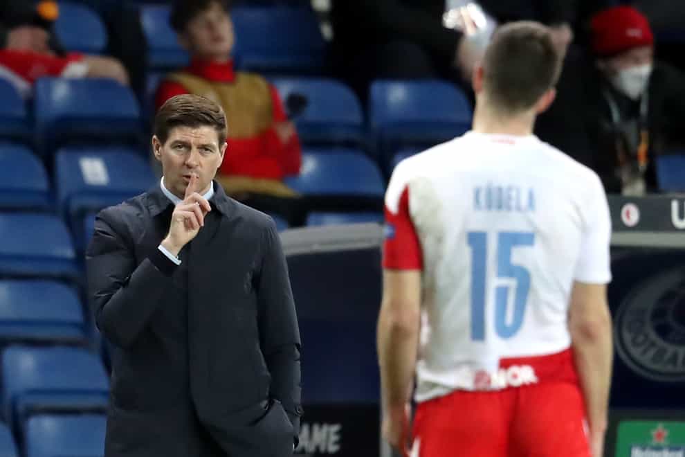 Rangers manager Steven Gerrard gestures to Slavia Prague’s Ondrej Kudela