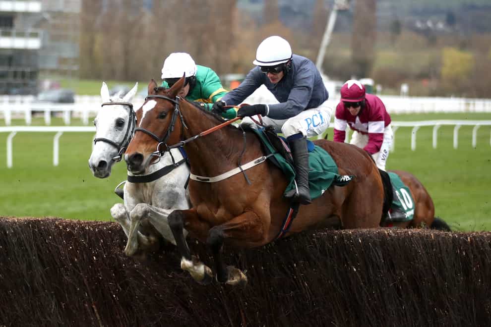 Colreevy (near side) gets the better of her stablemate Elimay in the Mrs Paddy Power Mares' Chase at Cheltenham