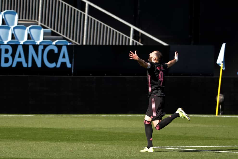 Real Madrid’s Karim Benzema celebrates after scoring