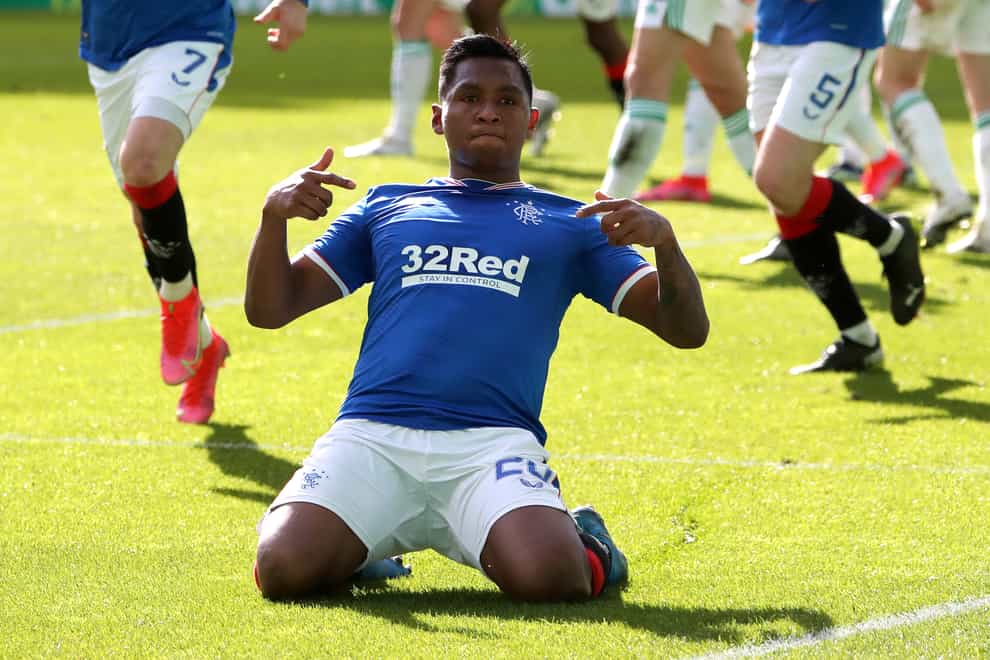 Rangers striker Alfredo Morelos celebrates his first goal against Celtic to secure a 1-1 draw