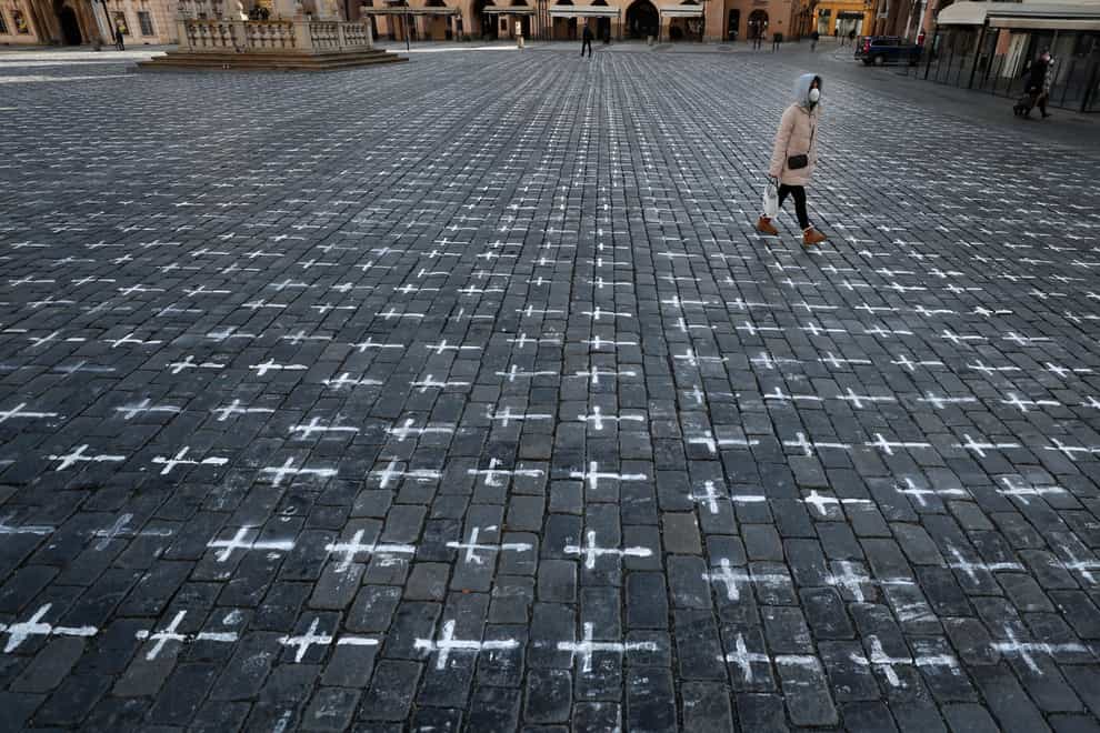 The Old Town Square in Prague, where a group of activists painted crosses to criticise the government’s response to the coronavirus pandemic