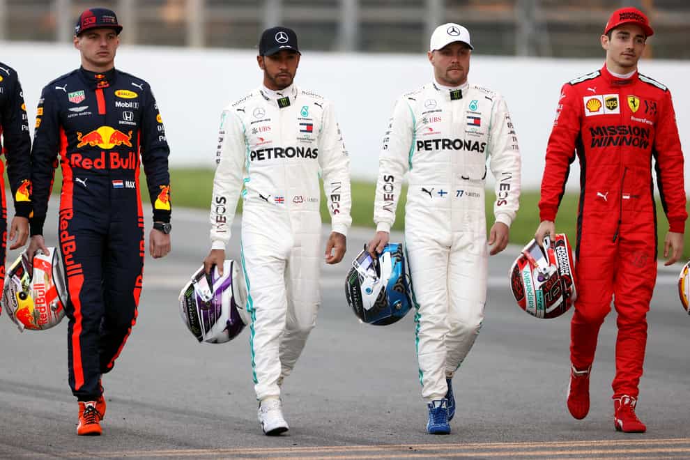 (From left to right) Red Bull’s Max Verstappen, Mercedes’ Lewis Hamilton, and Valtteri Bottas, and Charles Leclerc of Ferrari during pre-season testing