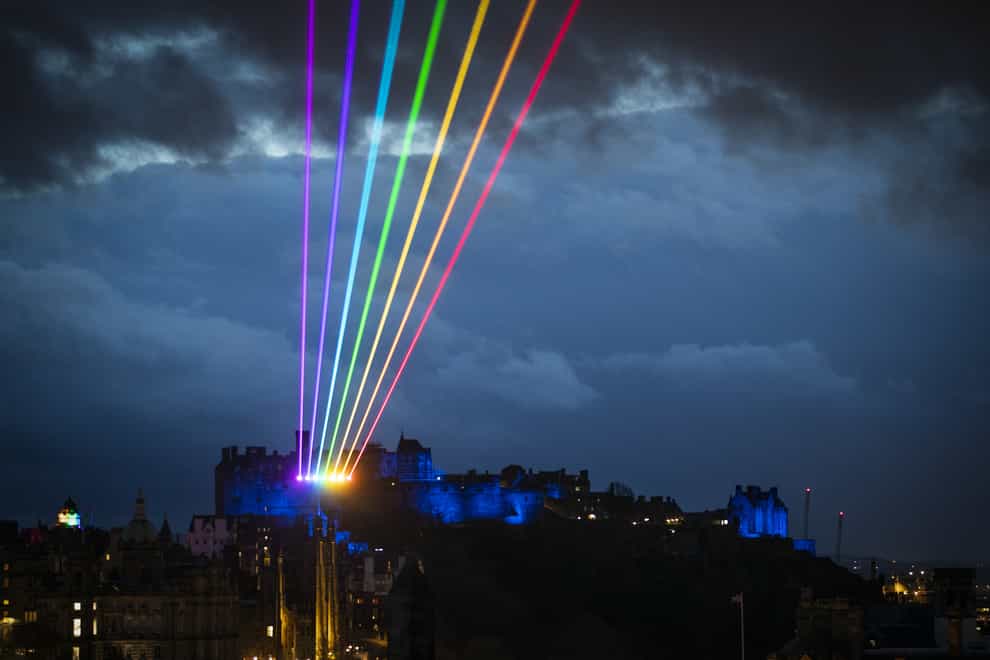 Laser art installation Global Rainbow lights up the Edinburgh skyline
