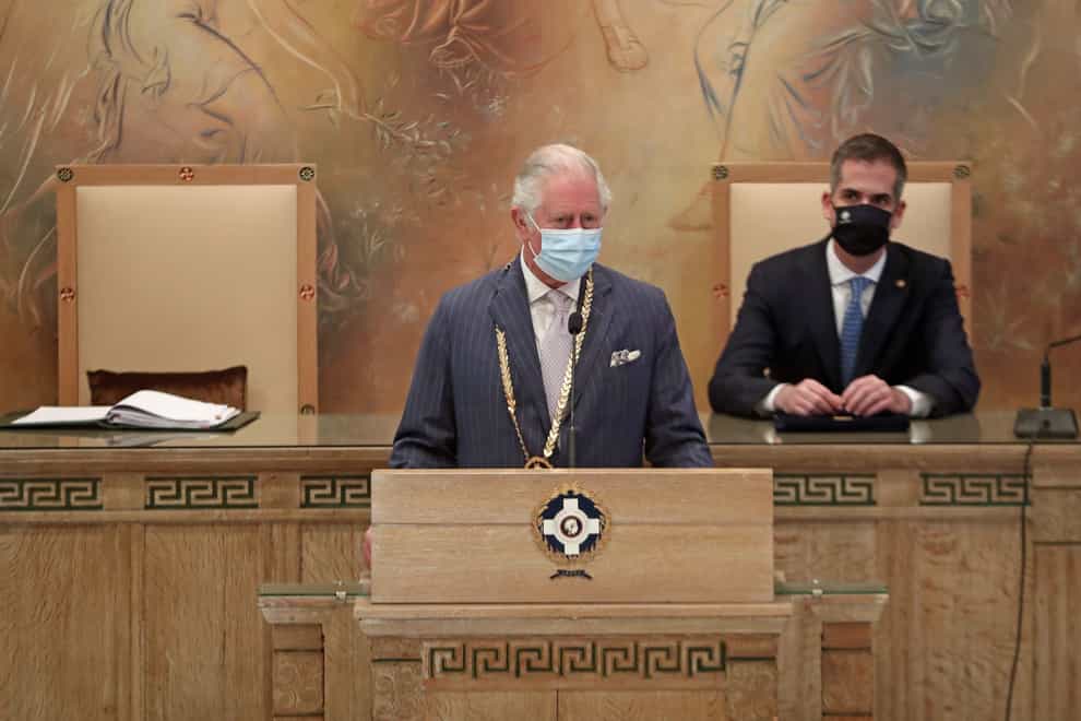 The Prince of Wales (left) makes a speech in the City Council Chamber, after being presented with The Gold Medal of Athens by Mayor of Athens, Kostas Bakoyannis (Chris Jackson/PA)