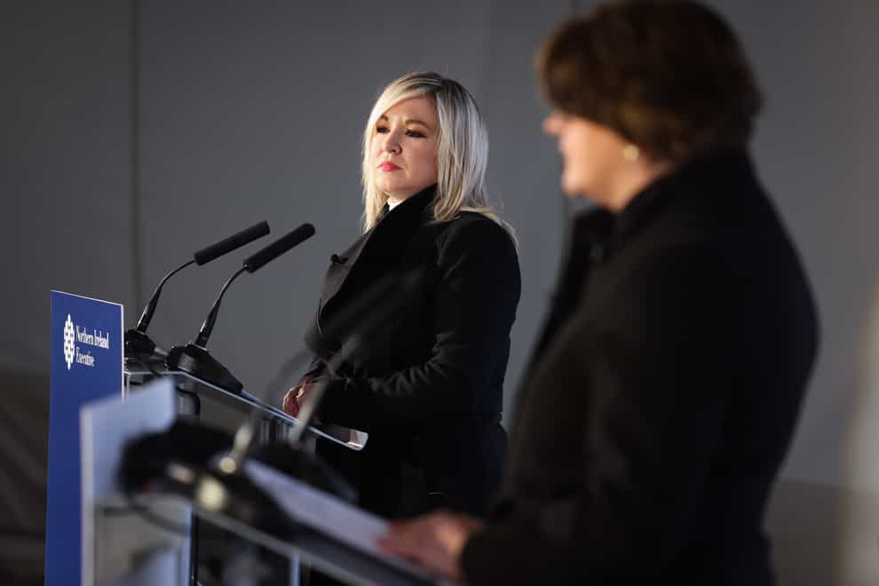 First Minister Arlene Foster (right) and Deputy First Minister Michelle O’Neill during a Covid-19 update press conference at the Hill of O’Neill in Dungannon, County Tyrone (PressEye/PA)