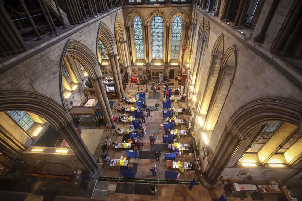 Cubicles erected inside Salisbury Cathedral, Wiltshire, for people to receive an injection of the coronavirus vaccine (Steve Parsons/PA)