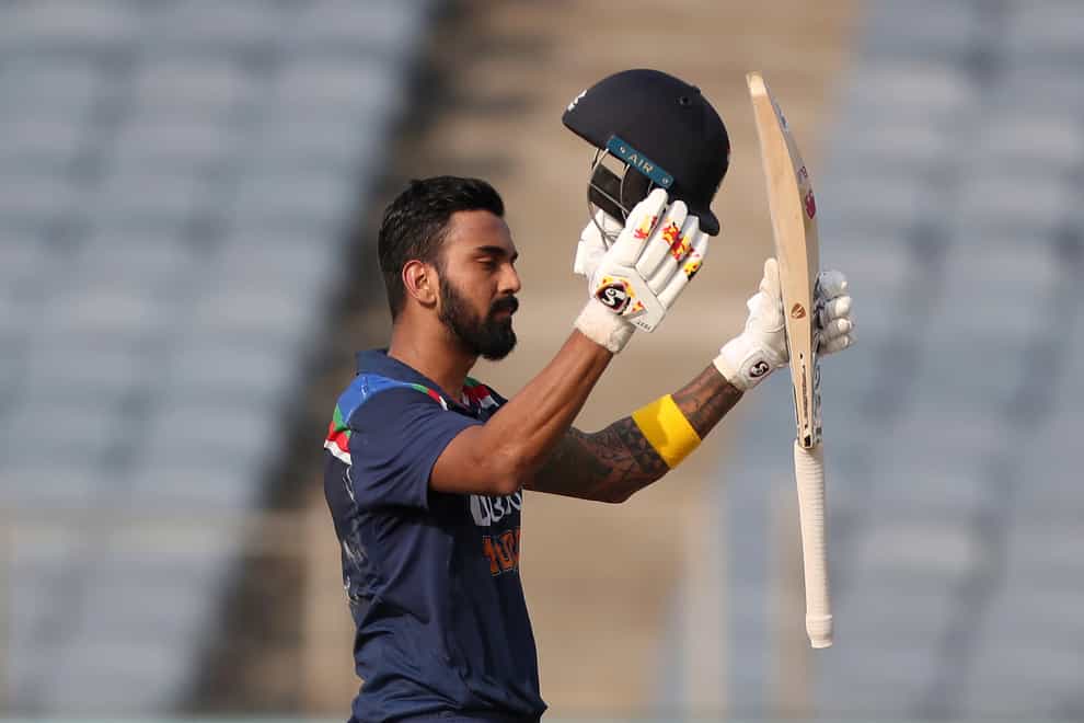 India’s KL Rahul celebrates scoring a century during the second ODI against England in Pune