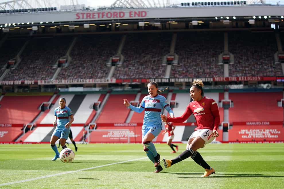 Manchester United’s Lauren James shoots during the match at Old Trafford