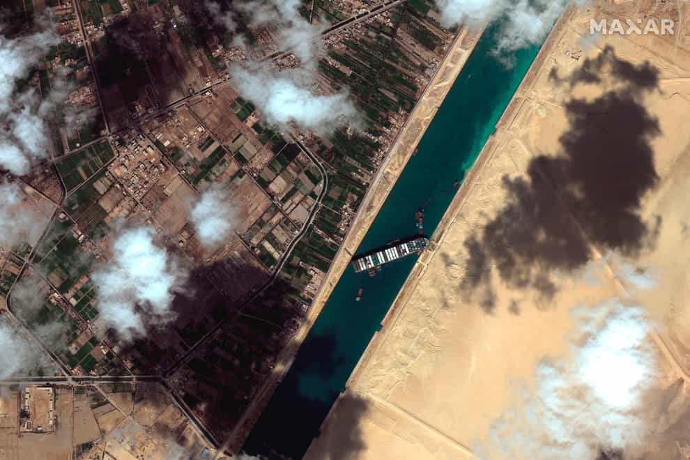 Satellite image of the cargo ship Ever Given blocking the Suez Canal