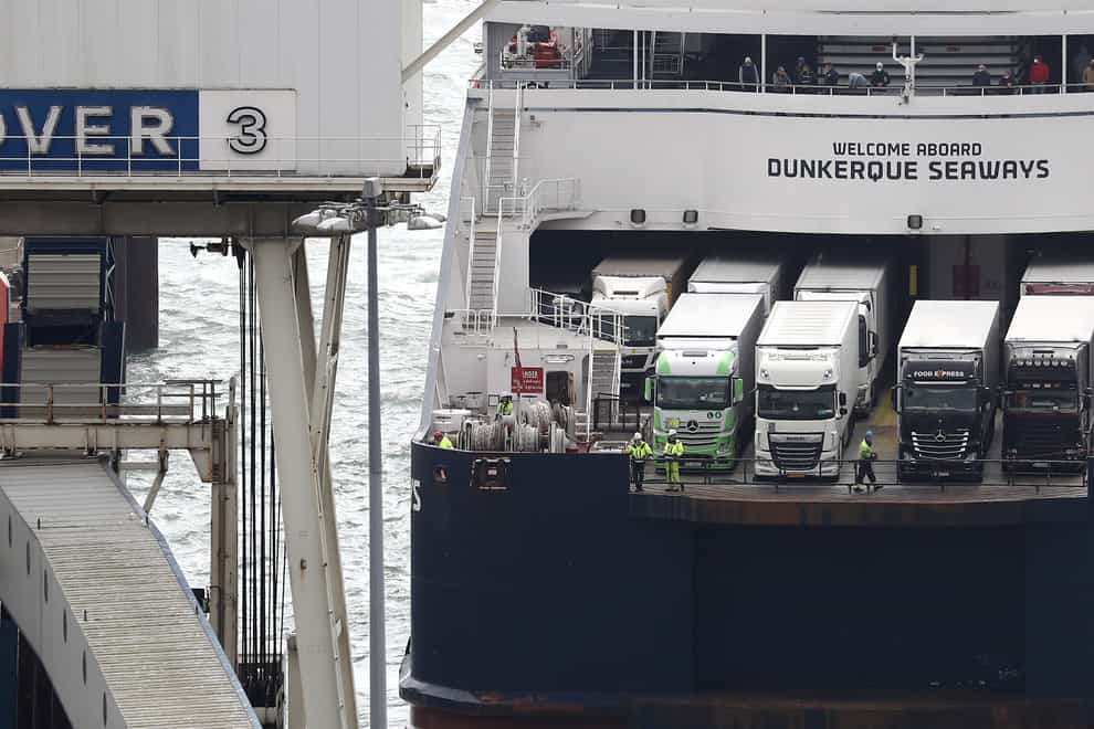 Lorries arrive in Dover, Kent, onboard a ferry