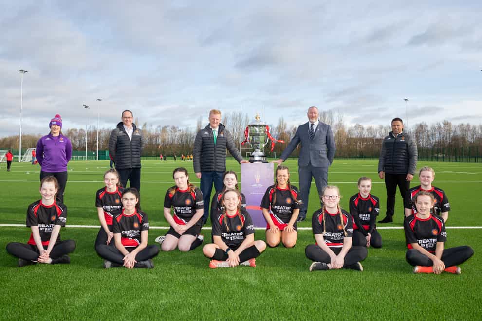 From L-R – Jodie Cunningham Jon Dutton Secretary of State for Digital Culture Media and Sport Oliver Dowden CBE Ralph Rimmer Jason Robinson and the Year 8 girls of C