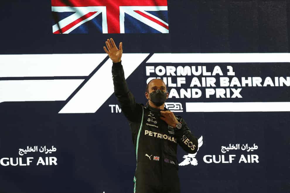Lewis Hamilton celebrates winning in Bahrain