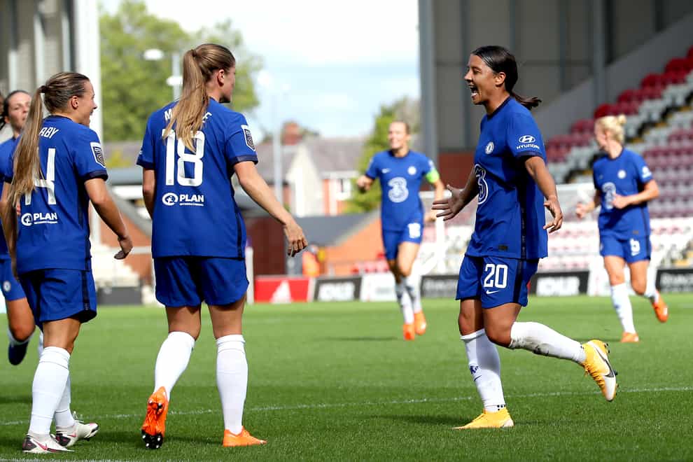 Sam Kerr (right) and Fran Kirby (left) celebrate a goal