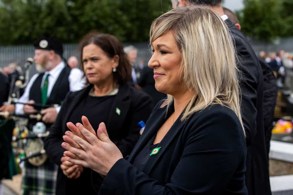 Sinn Fein leader Mary Lou McDonald (left) and Deputy First Minister Michelle O’Neill during the funeral of senior Irish Republican and former leading IRA figure Bobby Storey