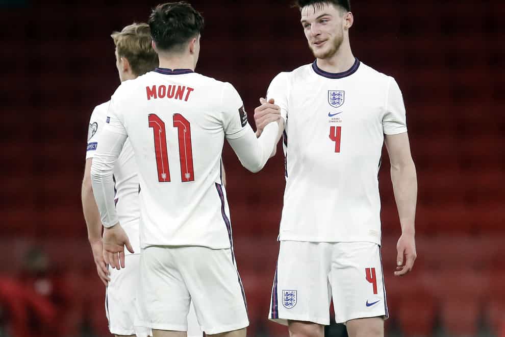 Declan Rice, right, reacts after the final whistle in Tirana