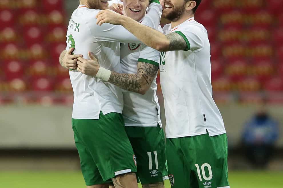 Republic of Ireland’s James McClean (centre) celebrates his goal against Qatar