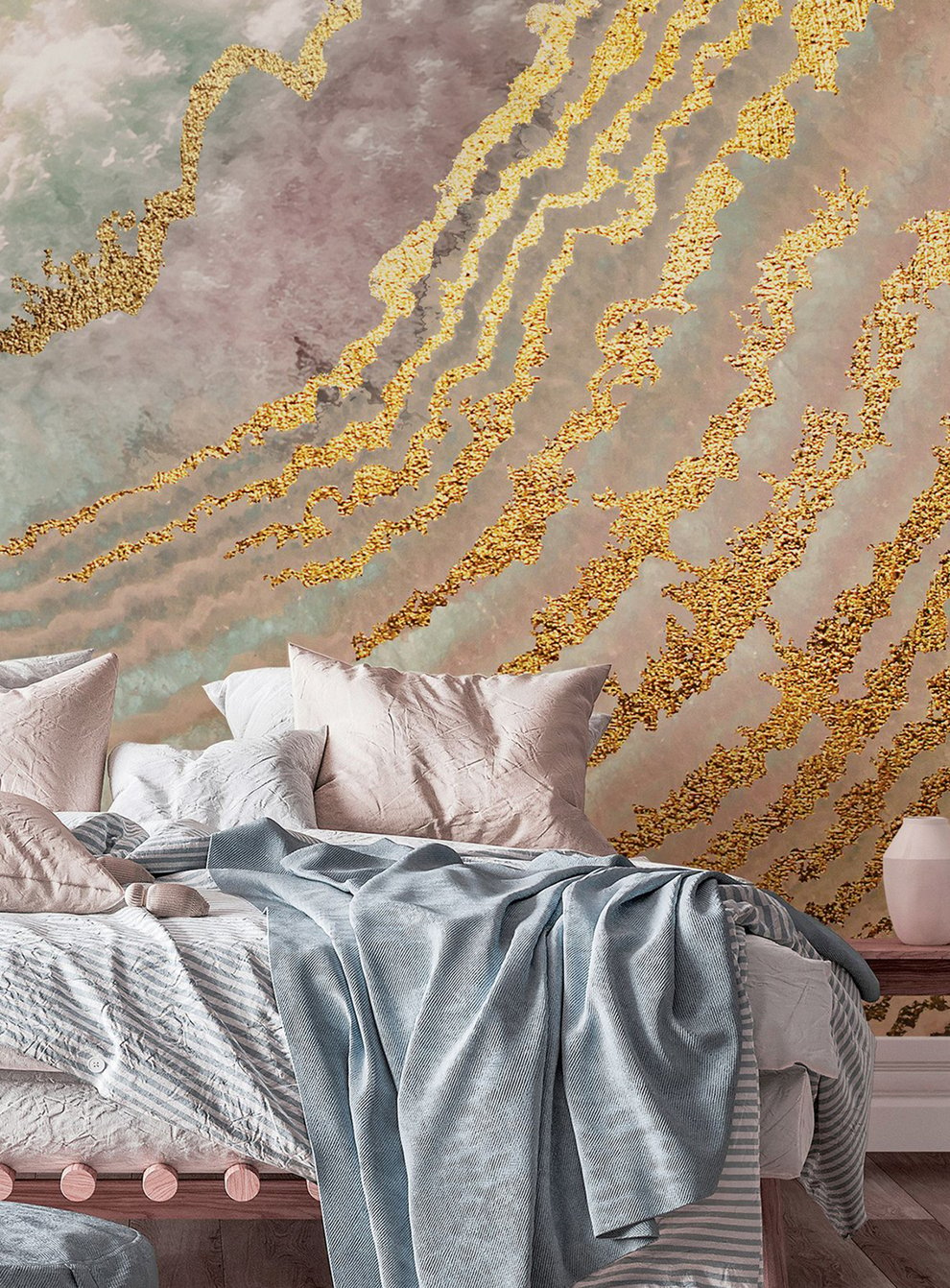 Bedroom scene featuring pastel shades