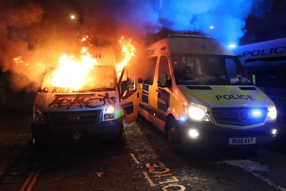 A police van was set on fire