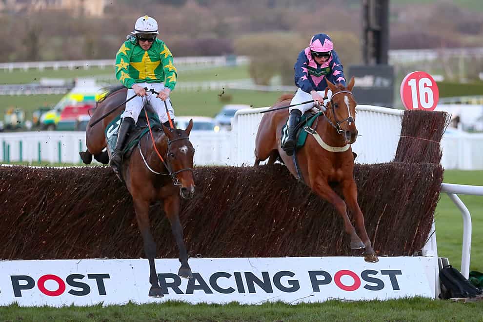Discorama (left) in the National Hunt Challenge Cup Amateur Riders’ Novices’ Chase during the 2019 Cheltenham Festival