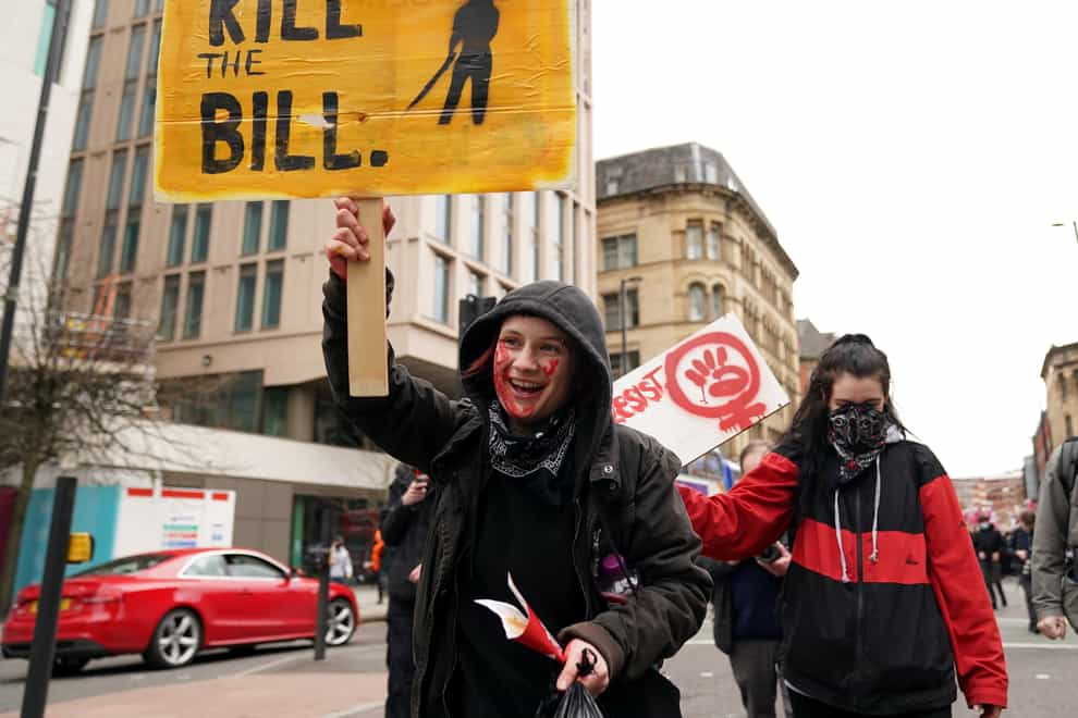 Demonstrators during the Kill The Bill protest against The Police, Crime, Sentencing and Courts Bill in St Peter’s Square, Manchester on March 27