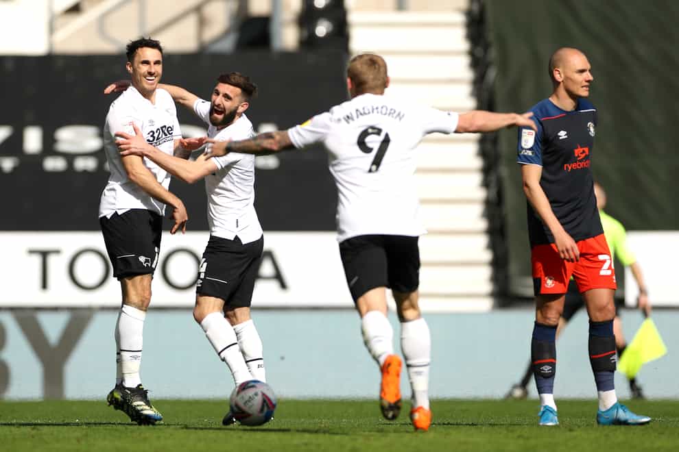 Lee Gregory (left) put Derby ahead against Luton