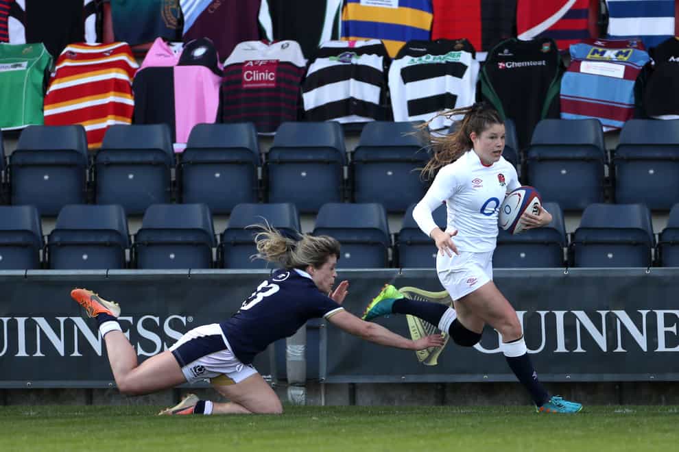 England winger Jess Breach scores against Scotland