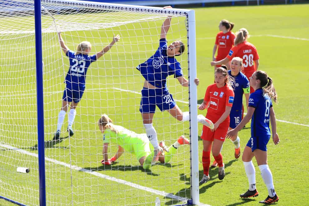 Chelsea’s Sam Kerr, centre, celebrates completing her hat-trick in Chelsea Women's win against Birmingham City Women