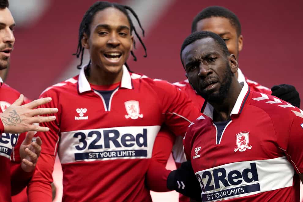 Yannick Bolasie (right) celebrates scoring Middlesbrough's equaliser in a 1-1 draw with Watford with teammate Djed Spence