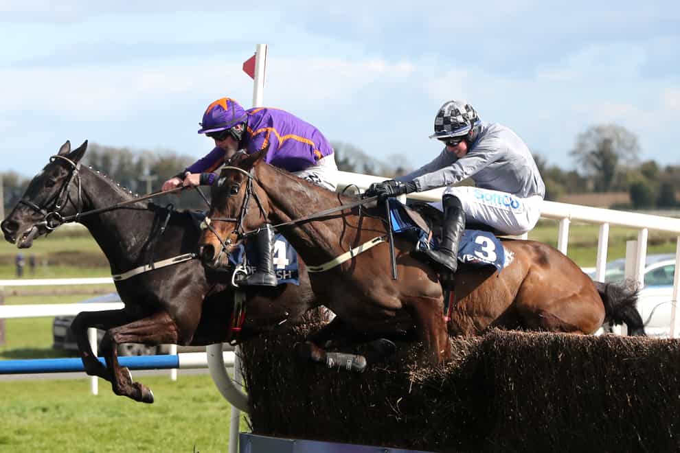 Easy Game (left) and Castlegrace Paddy jump the final fence in the Devenish Chase at Fairyhouse