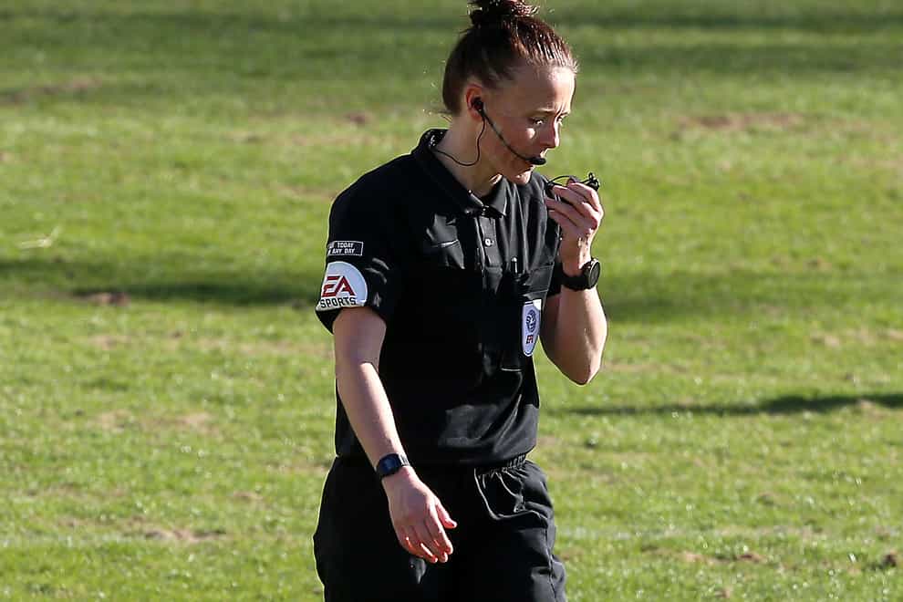 Rebecca Welch blows the whistle for full time (Nigel French/PA)