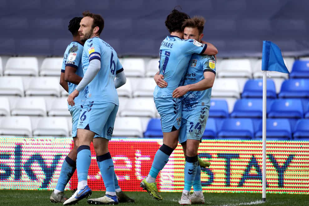 Coventry striker Matty Godden, right, celebrates scoring against Bristol City