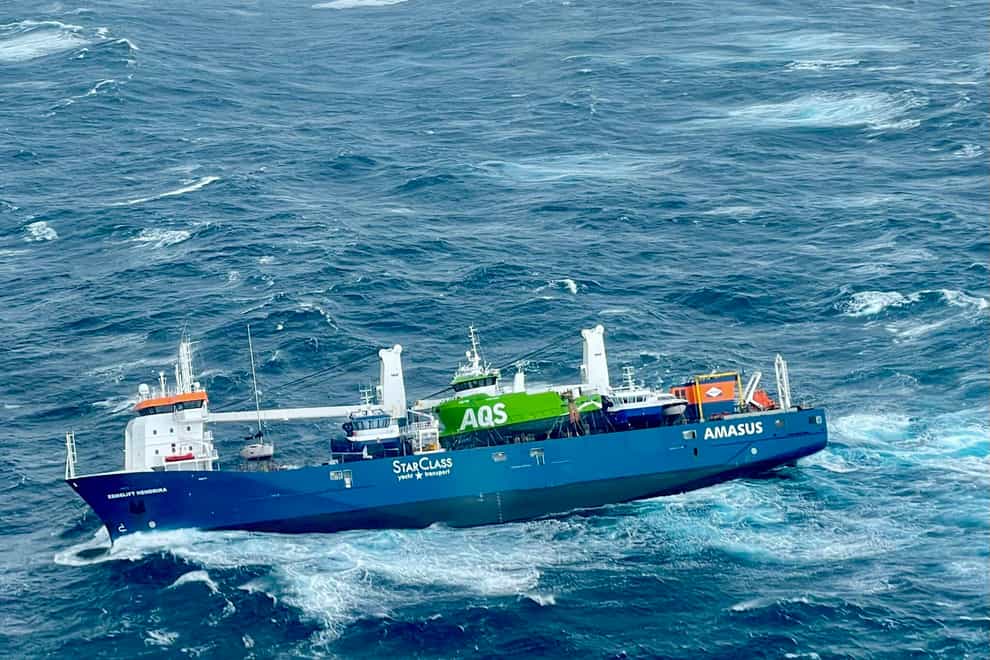 A view of the Dutch cargo ship Eemslift Hendrik (Rescue Helicopter Floro/HSS Sor-Norge/NTB via AP)