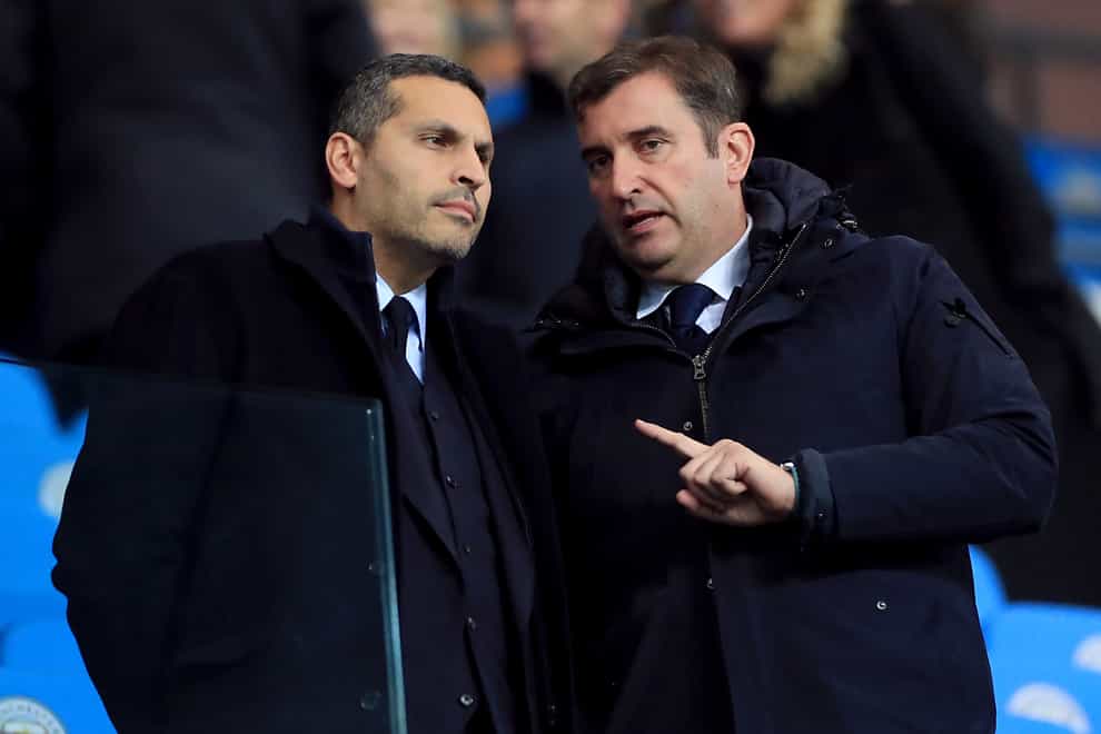 Manchester City chairman Khaldoon Al Mubarak (left) and chief executive officer Ferran Soriano are confident the club will return to profit this season