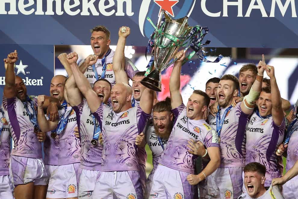 Exeter players celebrate winning the Heineken Champions Cup