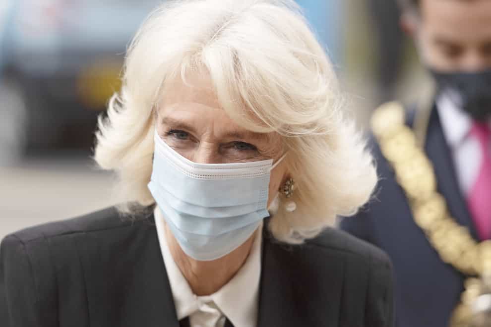 The Duchess of Cornwall during a visit to the Lordship Lane Primary Care Centre Vaccination Centre to meet staff, volunteers and patients receiving the Covid-19 vaccine (Geoff Pugh/The Daily Telegraph/PA)