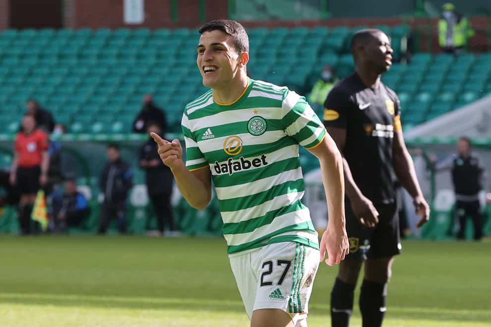 Celtic’s Mohamed Elyounoussi celebrates scoring the fifth goal against Livingston