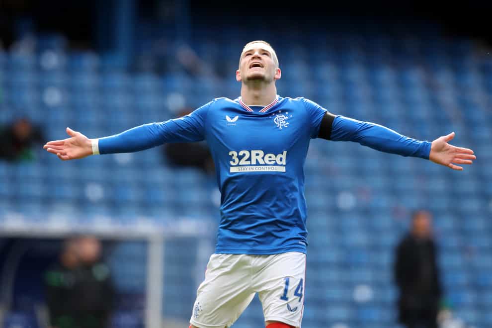Rangers’ Ryan Kent celebrates his 12th goal of the season in the champions' 2-1 win over Hibs