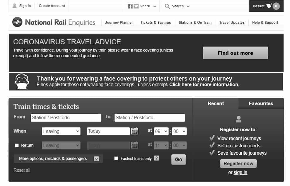 The National Rail Enquiries website