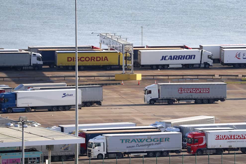 Lorries queue at the Port of Dover in Kent