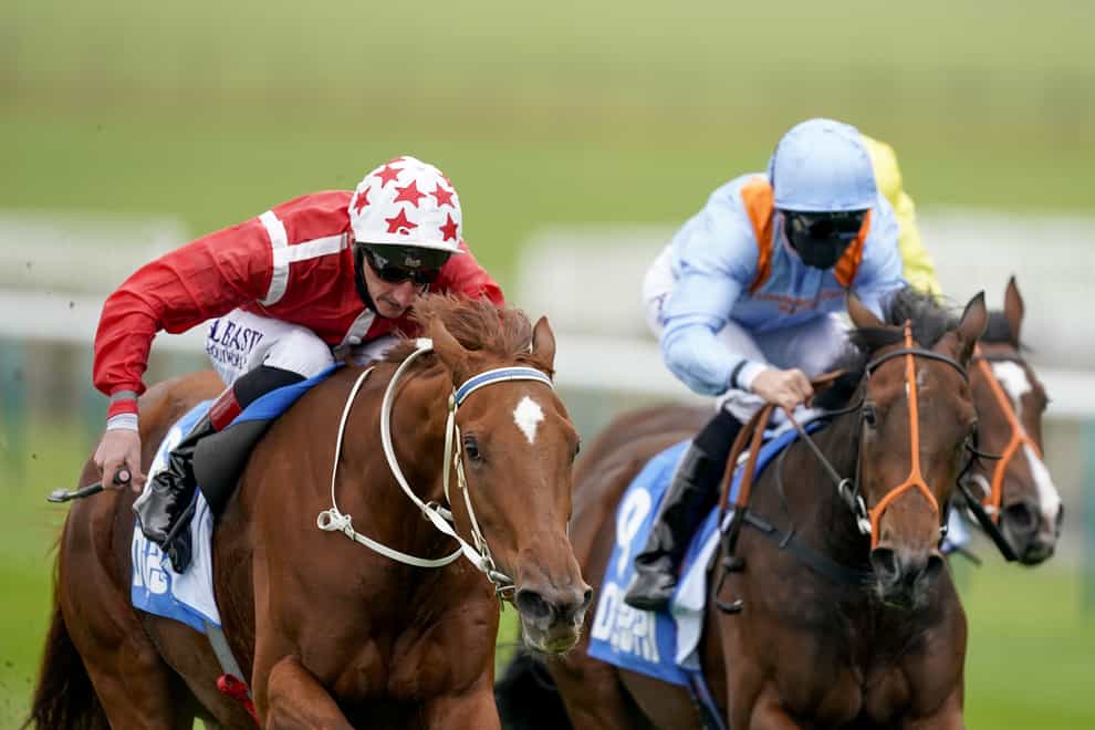 Saffron Beach ridden by Adam Kirby (left) wins The Godolphin Lifetime Care Oh So Sharp Stakes at Newmarket Racecourse