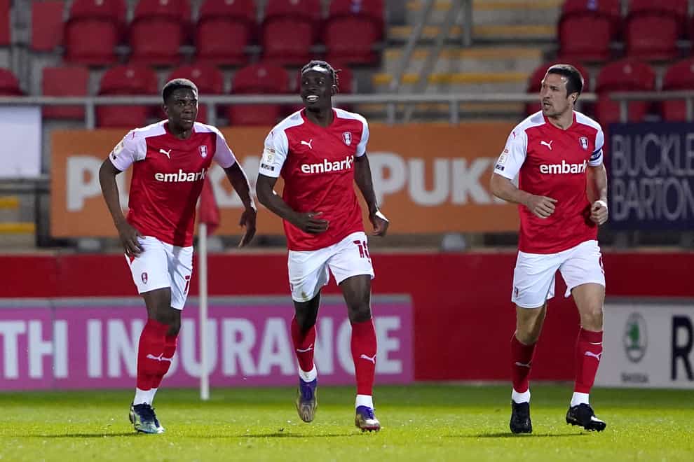 Freddie Ladapo, centre, is a doubt for Rotherham against Coventry
