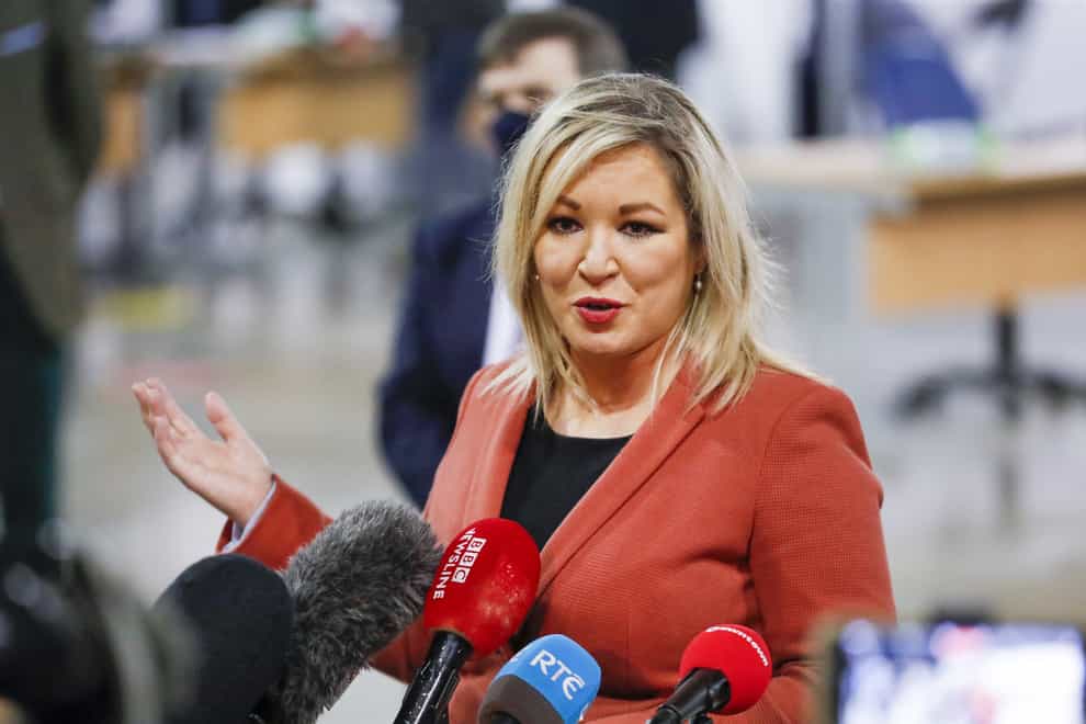 Deputy First Minister, Michelle O'Neill speaking to the media during a visit to the newly opened Covid-19 vaccination centre in the SSE Arena, Belfast (Liam McBurney/PA)